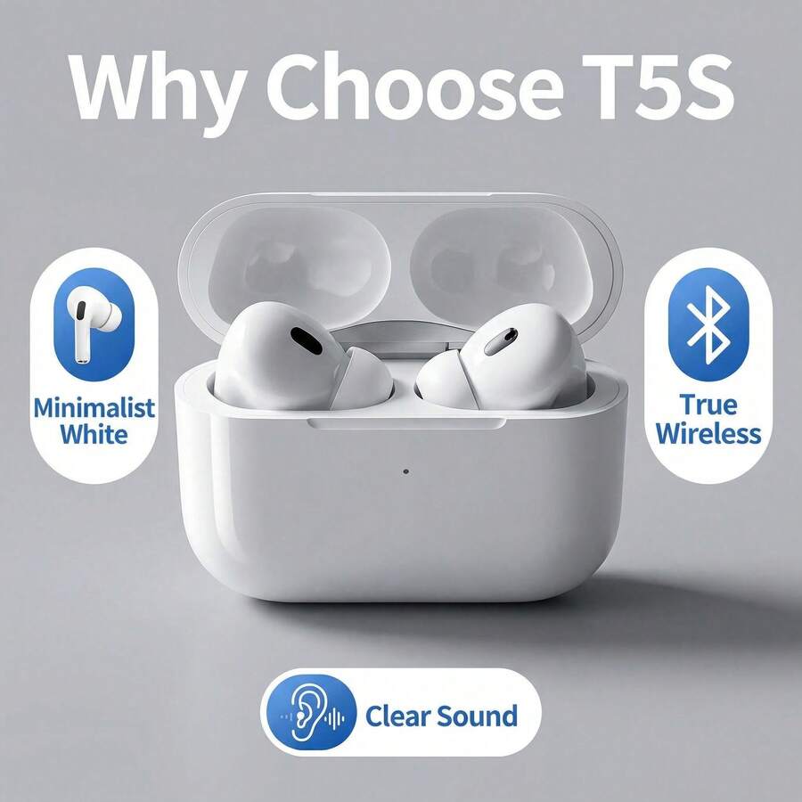 Newmine T5S True Wireless Bluetooth Earbuds, Long Battery Life, Type-C Fast Charging, Low Latency Gaming Mode, Smart Touch Control, Sports Noise Cancellation, Lightweight In-Ear Design - White - View 1