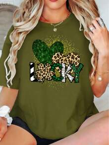 Shiny Clover Pattern Leopard Print "LUCKY" Letter Print + Small Size Short Sleeve Women's Top + Plus Size Short Sleeve Women's Top + Fashion Round Neck T-Shirt, Spring Summer Women's Top-Valentine Gift ST Patrick' S Day - 墨綠色 - 查看 5