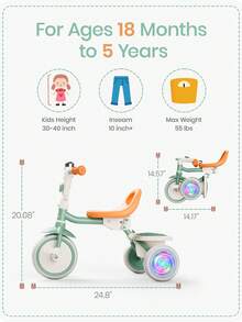 Besrey Colorful Lighting Toddler Tricycle For Ages 18 Months To 5 Years, Toddler Bike With Bell, Kids Tricycle, Gift For 2-5 Year Olds, Toy For Boys And Girls, Tricycle For Toddlers - Green - View 8