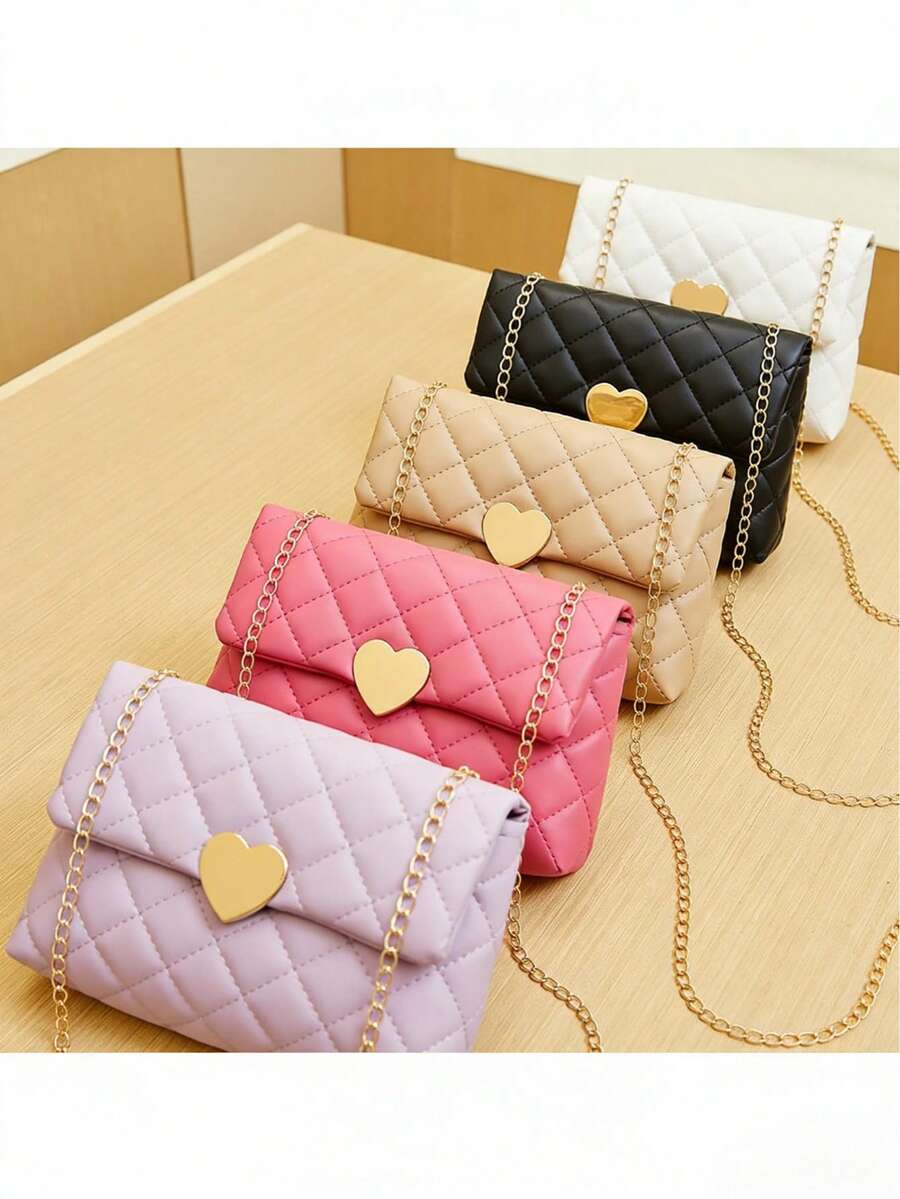1个女孩时尚金属心形扣菱形包，优雅链条单肩斜挎包，多功能通勤方包，精美礼物 - 彩色 - 查看 1