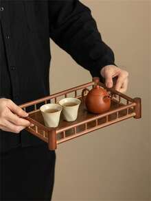 1pc Bamboo Serving Tray With Handle, Suitable For Breakfast, Dinner, Living Room Dining - Walnut-colored Wooden Pallet - View 7