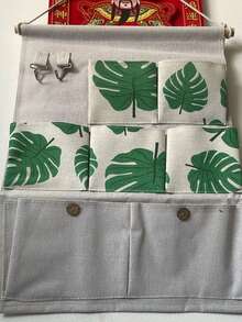 Bolsa Colgante de Almacenamiento con Patrón de Hojas en Tela de Lino - Beis - Ver 3