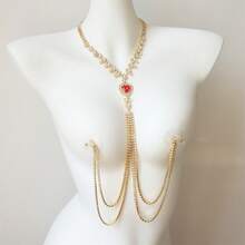 Cadena de pecho con forma de corazón con cristales y flecos glamorosa y sexy, joyería exagerada de bikini con cristales para mujer, regalo del Día de San Valentín - Dorado - Ver 4