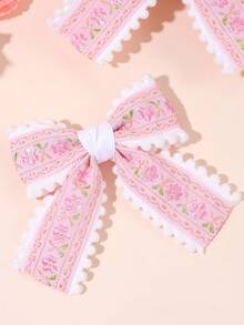 2pcs/Set Girls Pink Floral Embroidery Bow Hair Clips, Suitable For Spring/Summer Daily Wear, Teenage Hair Accessories - Multicolor - View 3