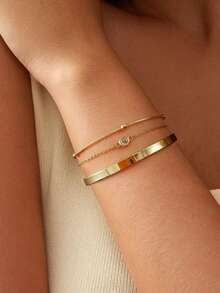 Set Of European And American Style Adjustable Stainless Steel Zirconia Water Drop Bracelets For Women - Gold - View 1