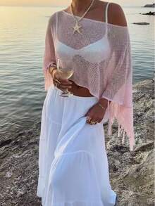 Blusa de cubrir para mujer, estilo de vacaciones en la playa, moda minimalista casual y suelta, color rosa sólido con flecos, adecuada para vacaciones de verano en la playa, estilo bohemio - Rosa - Ver 2