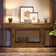 LITTLE TREE 63 " Long Console Table,  Farmhouse 2-Tier Sofa Table Behind Couch, Large Narrow Entryway Table For Living Room, Wooden Hallway Foyer Table With Heavy Duty Base, Rustic Brown - Nâu mộc mạc - Xem 9