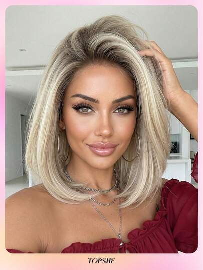 TOPSHE New 13*4 High Definition Lace Front Wig, 12 Inch Ombre Blonde Short Straight Hair, No Bangs, Heat Resistant Synthetic Fiber - Suitable For Wearing, Parties, Halloween And Cosplay, Holiday Gift