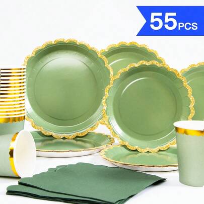 Sage Green Gold Rim Petal Shaped Disposable Plates, Napkins, Cups - One-Time Party Supplies Set For 10 Guests, Disposable Paper Plates Suitable For Birthday, Wedding, Theme Party, Family Picnic