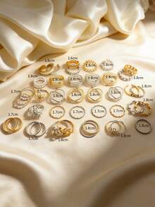 Conjunto de anillos con diseño geométrico de flor y hoja de perla para mujeres - Multicolor - Ver 6