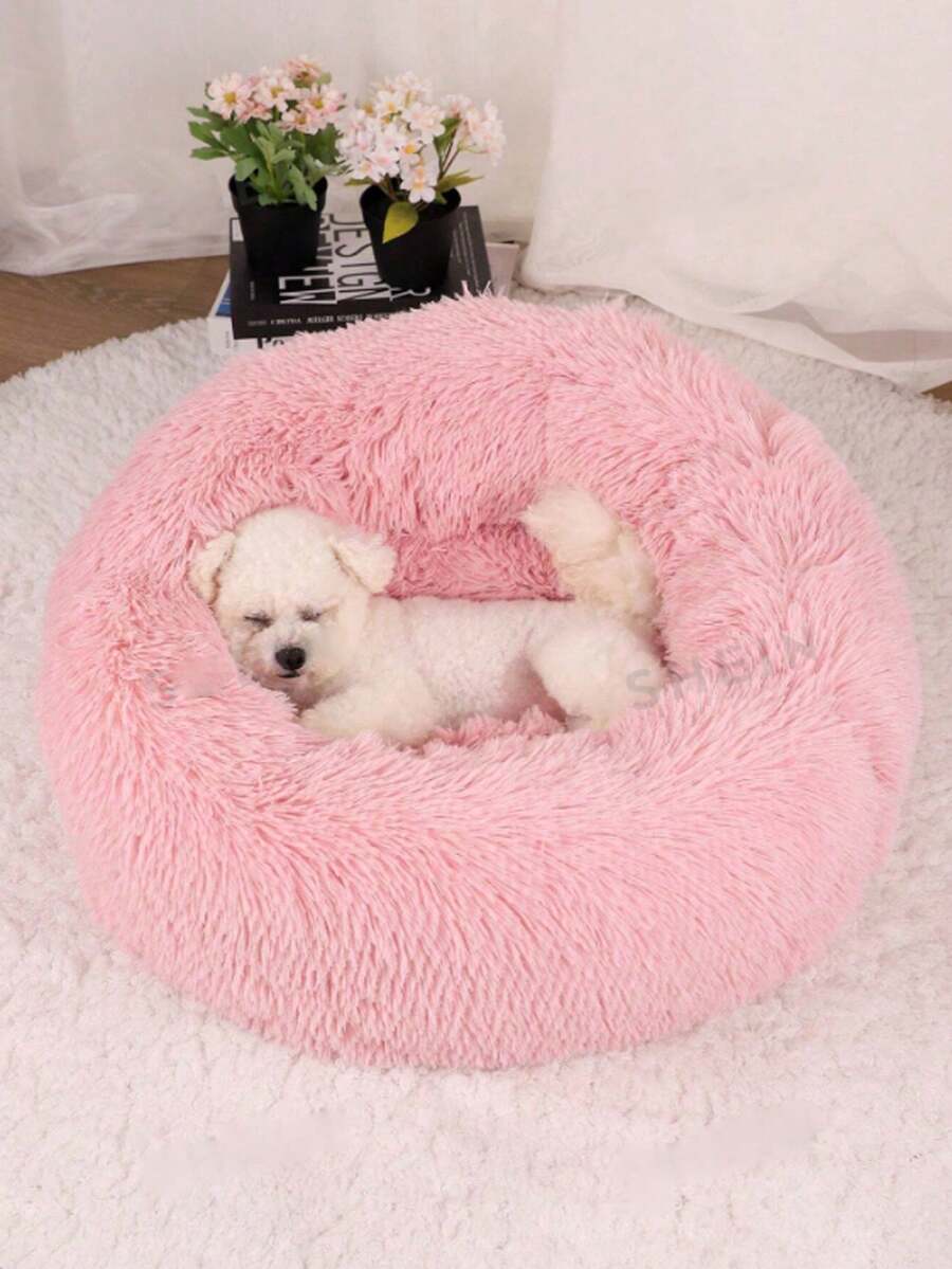1 pieza Cama redonda de peluche para mascotas, adecuada para gatos y perros de todos los tamaños, cama para dormir profundamente para uso durante todo el año, primavera/verano/otoño/invierno - Rosa - Ver 1