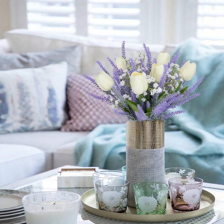 12pcs Artificial Flowers Set, Including White Tulips, Purple Lavender, Baby's Breath, Suitable For Room Decor, Home Decor, Kitchen Decor, Gifts, Bedroom Decor, Wedding Decor, Office Desk Accessories, Living Room Decor, Tabletop Centerpiece - Multicolor - View 4