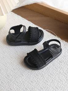 Kids Woven Open Toe Sandals, Girls Hook And Loop Closure Easy On/Off, Non-Slip Soft Bottom, Kindergarten Outdoor Casual Sandals - Black - View 5