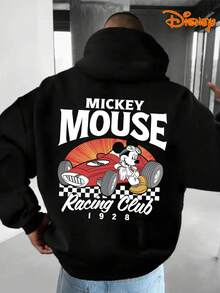 Disney Men's Casual Hoodie, "Mickey Racing Club" Print, Retro Automotive Design, Oversized Fit, Ideal For Speed Lovers - 黑色 - 查看 4
