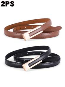 2条方形金色光滑扣皮带，时尚优雅，可搭配连衣裙、T恤、休闲裤和日常穿着。 - 平扣小腰帶 - 查看 4