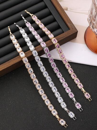 1件时尚立方氧化锆长方形手链，饰以粉色氧化锆，女士珠宝配饰，适合日常佩戴，情人节、圣诞节、斋月、开斋节礼物