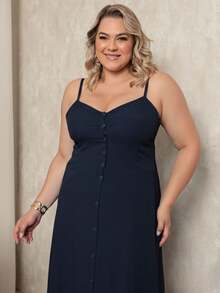 Plus Size Women's Long Plain Strappy Dress For Summer, Lightweight, Comfortable With Built-In Bra And Front Buttons - Azul Marino - Ver 5