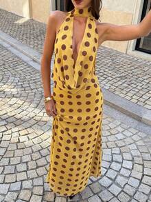 Women's V-Neck Long Tie-Waist Polka Dot Sexy Slip Dress, Suitable For Vacation, Party, Gala, Christmas, Thanksgiving And Other Occasions - Yellow - View 6