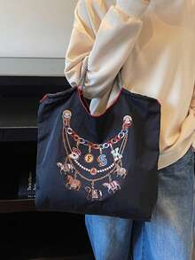 Embroidered Drawstring Bag, Vintage Letter Design, Student/Commuter Backpack - Black - View 5