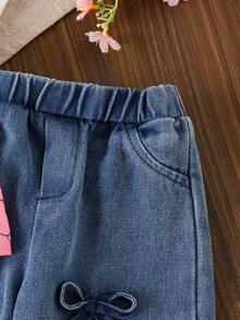 2pcs Baby Girl Casual Fashionable Butterfly Print Short Sleeve T-Shirt Top And 3D Bow Denim Long Pants Set - Pink - View 7