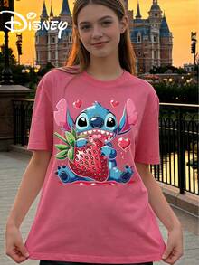 Disney Stitch Strawberry Love Printed Loose Short Sleeve T-Shirt For Women's Casual Top - 粉色 - 查看 1
