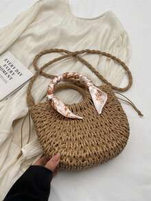 Large Capacity Round Straw Bag, Fashionable Hollow-Out Beach Vacation Tote Bag, Versatile Handbag & Shoulder Bag - Brown - View 6