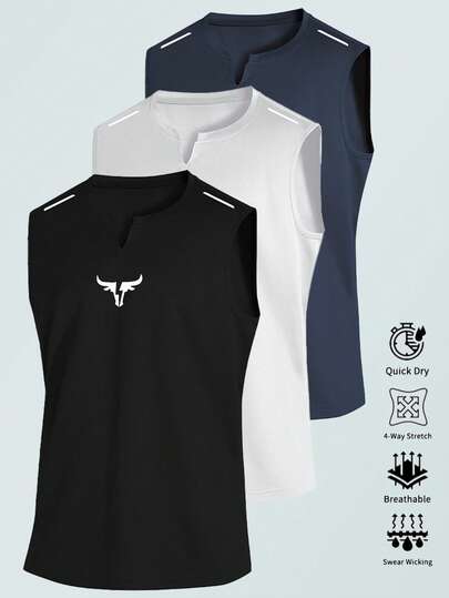 Men's V-Neck Bullhead Print Sleeveless Quick-Dry T-Shirt, Suitable For Outdoor Basketball Training, Running And Fitness, Vest-Style Sleeveless Top