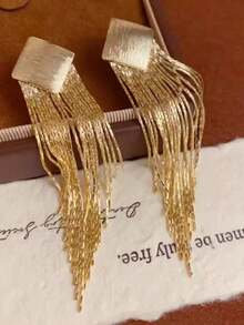 Metal Chain Fringe Dangling Tassel Liner Dangle Earrings For Women - Yellow Gold - View 2