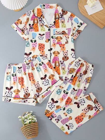 大码三件套：透气短袖，女士睡衣套装，适合丰满身材，包含短裤和长裤，翻领纽扣短袖。四季皆宜，舒适宽松，卡通狗狗派对图案。
