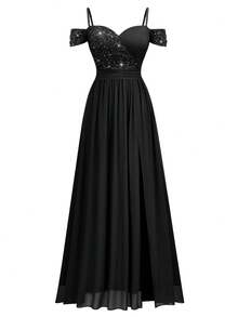 Women's Off Shoulder Sequin Lace Maxi Dress With High Split, Spaghetti Strap High Waist Flowy A Line Formal Evening Gown For Easter, Mother Day, Wedding Guest, Prom And Evening Party - Black - View 7