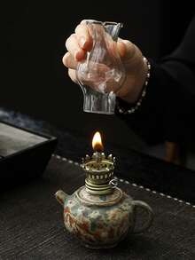 1个陶瓷窑烧釉面油灯，带手柄和灯罩，可调节灯芯，适用于露营、室内照明，可用作陶瓷油灯烛台、煤油灯或防风灯，带火焰控制旋钮 - 1PC - 查看 2