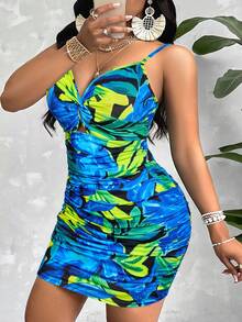 BIUBIU 优雅大码热带花卉印花迷你连衣裙，女士吊带扭结前开衩褶皱修身连衣裙，休闲夏季海滩派对度假装扮 - 草綠色 - 查看 6