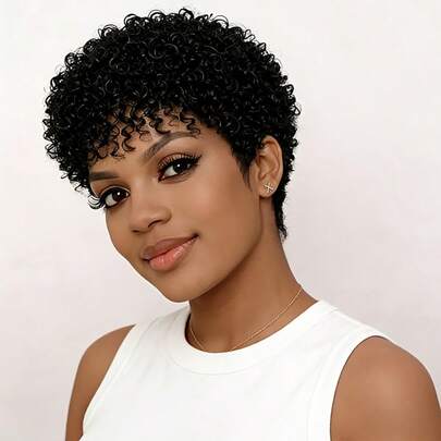 Women's Brazilian Remy Human Hair Wig Suitable For Skin Tones - 200% Density Afro Kinky Curly Pixie Cut With Bangs, Glueless Rose Net Cap, Short Curly Wig For Daily Wear, Holiday, Mother's Day, Carnival, Christmas & New Year (Machine-Made)