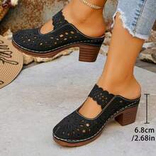 Boho Chic Floral Cut-Out Mules | Lightweight Breathable Slip-Ons With Medium Heel - Black - View 2