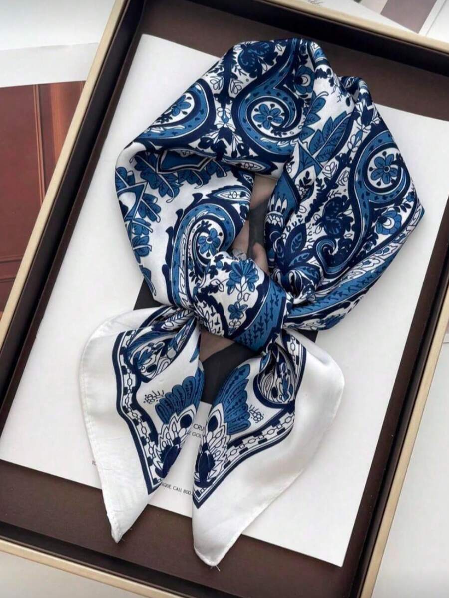 1 chiếc khăn lụa vuông 70*70cm, khăn trùm đầu in họa tiết satin dành cho nữ, khăn quàng cổ, băng đô, khăn choàng thời trang nữ, khăn choàng, vật dụng cần thiết khi đi du lịch, ngày lễ - Hạt điều xanh trắng lớn - Xem 1