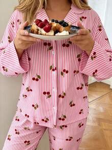 Nina Bonheur 两件套女士宽松舒适透气长袖上衣和长裤睡衣套装，可爱家居服 - 玫紅色 - 查看 7