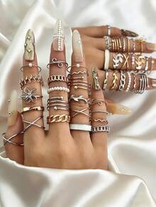 Conjunto de anillos con diseño geométrico de flor y hoja de perla para mujeres - Multicolor - Ver 2