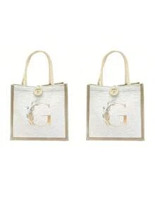 Túi vải lanh, Túi vải lanh họa tiết hoa nhí trang trí nút, Túi xách cỡ lớn tối giản, Túi đựng đồ tiện dụng, Túi mua sắm đa năng, Chữ A-Z lá xanh mạ vàng, Thiết kế mới, Dung tích lớn, Lý tưởng cho mua sắm, Túi đeo vai, Túi xách tay, Túi đựng cơm trưa, Hộp cơm trưa, Phù hợp cho nữ, Phiên bản năm mới - trắng - Xem 50