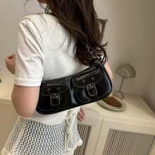 Double Pocket Buckle Decor Baguette Bag | Y2K Vintage Shoulder Bag For Women | Minimalist Underarm Bag - 白色 - 查看 8