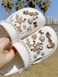 20件套珍珠花朵、海星、蝴蝶、蝴蝶结、链条鞋饰，可拆卸复古DIY仿珍珠花卉花园鞋饰，适合节日和生日派对礼物 - 金色 - 查看 4