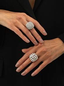 两件套时尚优雅几何镂空编织迷人金属开口戒指套装，奢华精致，适合婚礼、派对、度假、休闲、街头摄影、女士及情侣、节日、生日等场合，百搭戒指礼品。 - 戒指 - 查看 5