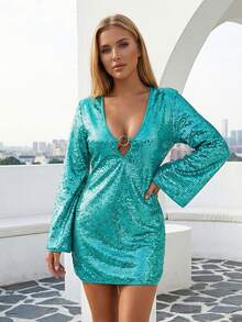 Women's Glitter Sparkle Mini Dress Long Sleeve V Neck Shiny Sequin Slim Cocktail Dress Dress For Club Party - 綠色 - 查看 7