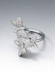 1枚奢华微镶嵌白金镀层铜戒指，饰有3只蝴蝶，独特设计的锆石戒圈，女士款 - 蝴蝶型 - 查看 6