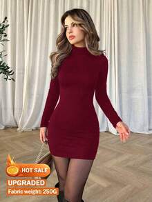 Vuslat Women's Spring Fashion Elegant Minimalist Turtleneck Fitted Short Mini Dress, Spring Apparel, Valentine's Day Outfit, Wedding Guest Dress, Casual Dress, Red Dress - Burgundy - View 3