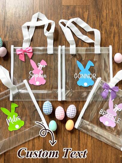 Bolsas de regalo personalizables para Pascua, Bolsas de tote transparentes personalizables con conejito de Pascua, Bolsas de tote transparentes personalizables con nombre para Pascua, Bolsas de tote personalizadas para Pascua, Bolsas de tote transparentes de PVC con estampado de conejito y lazo, personalizables, Bolsas reutilizables para la búsqueda de huevos de Pascua, Bolsas de playa transparentes de PVC personalizables con asas de cuerda, Bolsas de tote impermeables para piscina y playa, Adecuadas para mujeres y niños, Adecuadas para Pascua, playa de verano y regalos de fiesta de cumpleaños