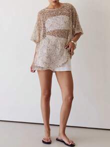 Women Sequin Sheer Short Sleeve Glitter T Shirt Sparkle See Through Crochet Cover Up Swimsuit Beach Shiny Mesh Blouse Top - 米色 - 查看 6