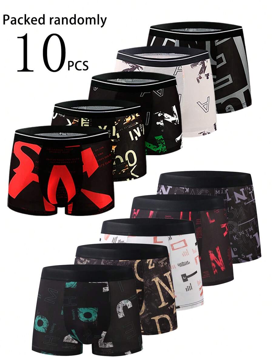 10pcs Men's Boxer Briefs, Random Pattern, Ice Silk Printed Thin Men's Boxer Shorts, Breathable Ice Silk Men's Boxer Briefs, Random Pattern