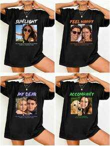 Personalized Custom Pattern & Text Women's Loose Fit T-Shirt, Upload Your Photo/Group Photo/BFF/Pet Photo, Enter Your Text/Blessing/Name/Meaningful/Funny Text Customization, DIY Custom, Women's Black Top, Summer Casual Women's Loose Short Sleeve T-Shirt Top, Holiday Gift, Special Gift, Creative Gift, Couple, BFF, Team Building Uniform, Spring/Summer Customization - Black - View 2