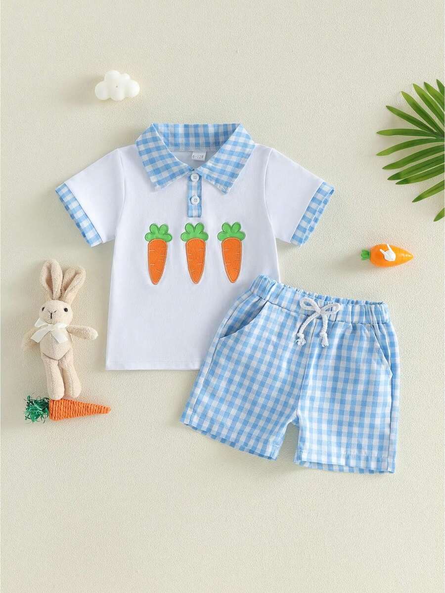 Conjunto de 2 piezas de Pascua para niños, verano, manga corta, cuello vuelto, zanahoria, bordado, top y pantalones cortos a cuadros - Azul - Ver 1