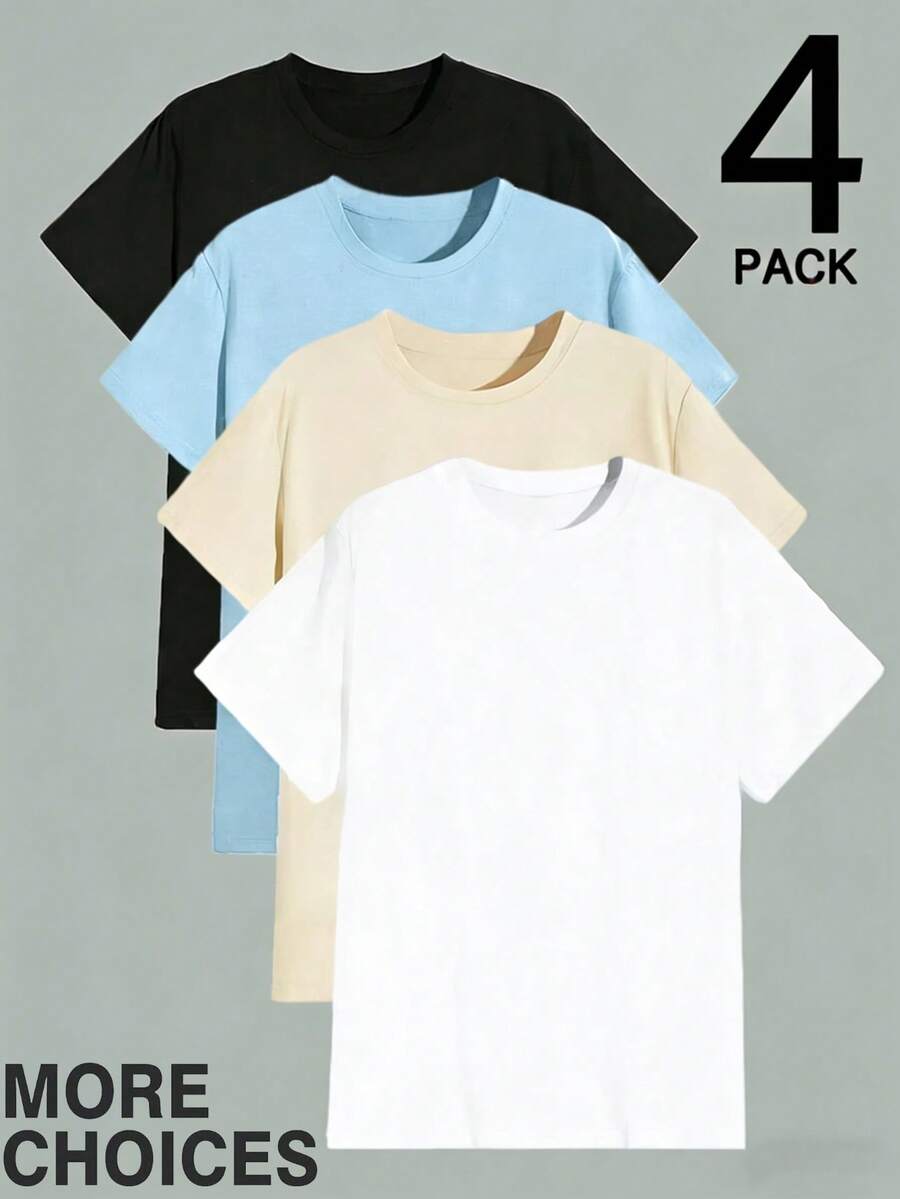 4pcs/Set Men's Summer Casual Solid Color Short Sleeve T-Shirt